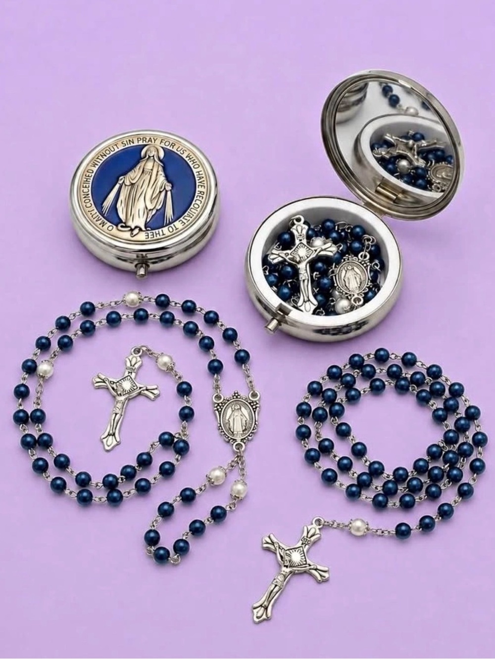 Silver Marian Rosary Necklace with Deep Blue Beads